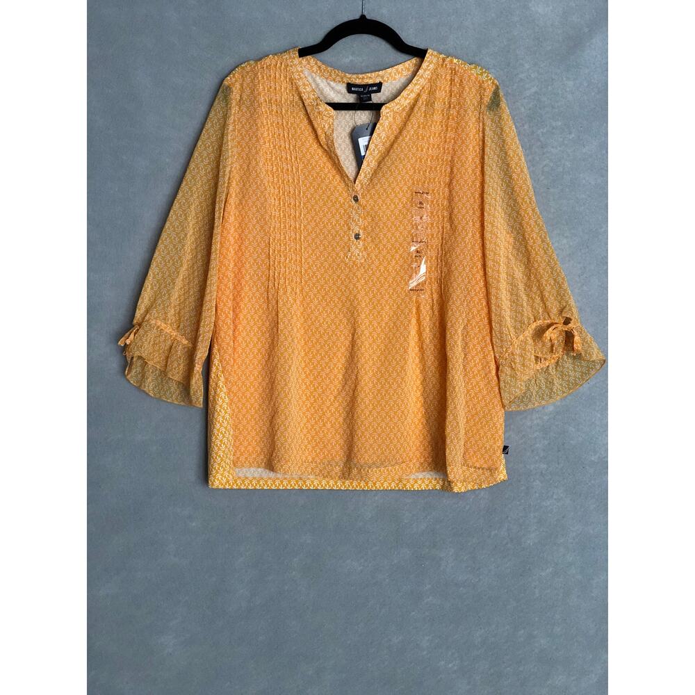 Nautica Jeans Pin Tuck Top Sheer 3/4 Sleeve Yellow Women's XL NEW